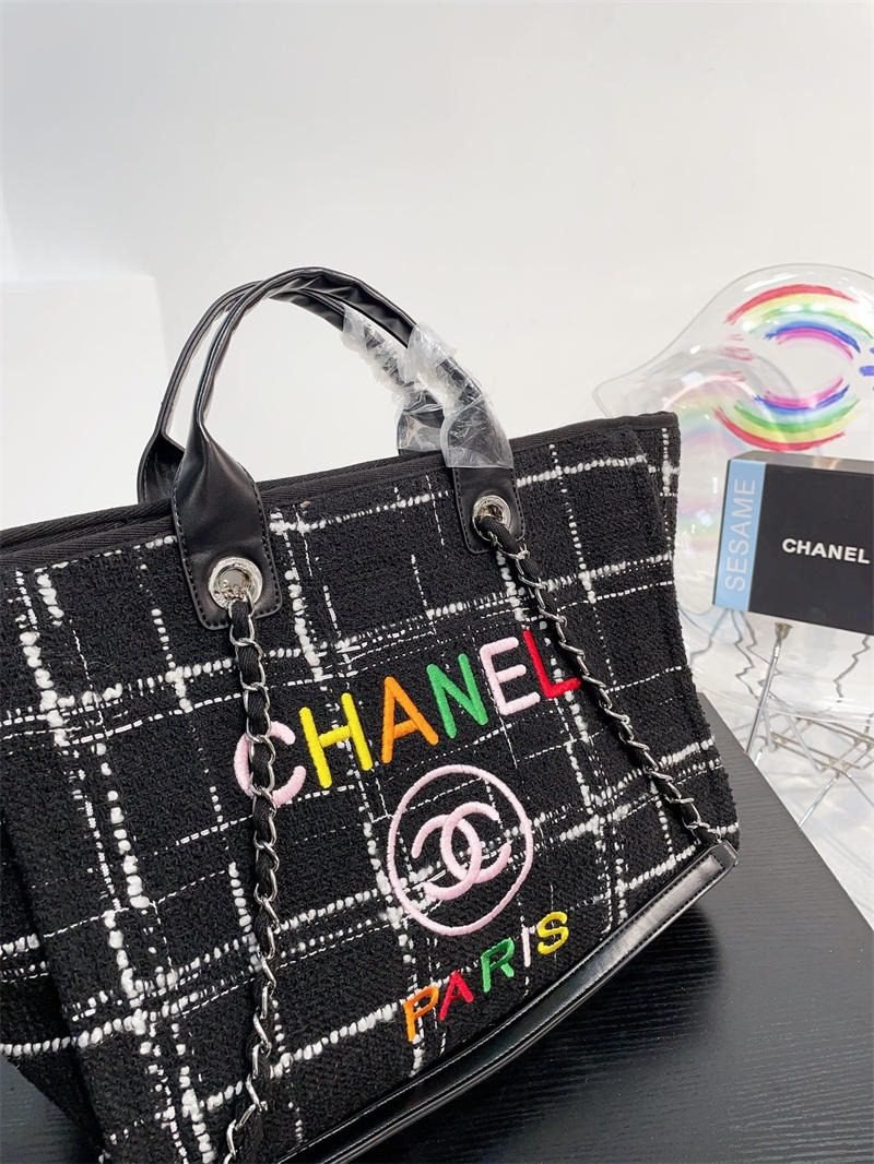 Ch**el Rainbow Black Tweed Deauville Tote Black