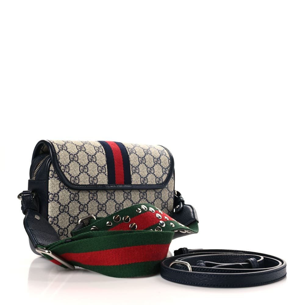 Gvc*1 Svp*me Monogram Textured Dollar Calfskin Web Studded Mini Ophidia Flap Shoulder Bag Beige Blue