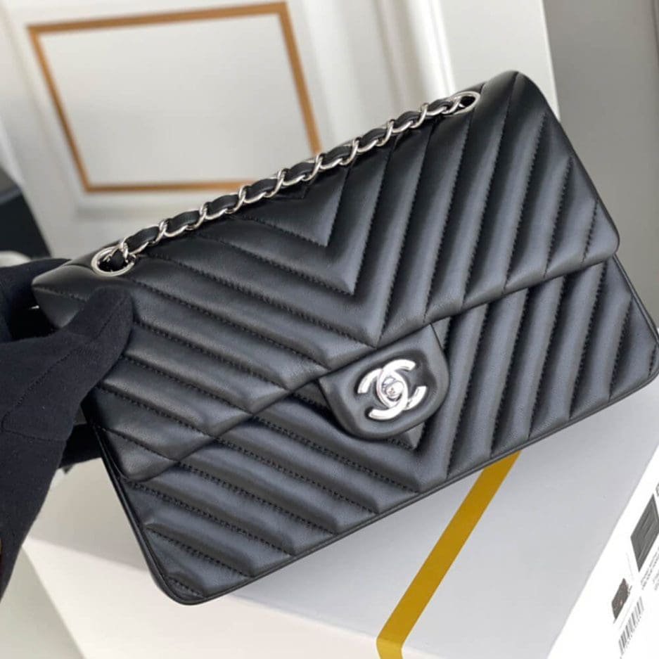 Ch**el Classic Chevron Tweed Medium Flap Silver