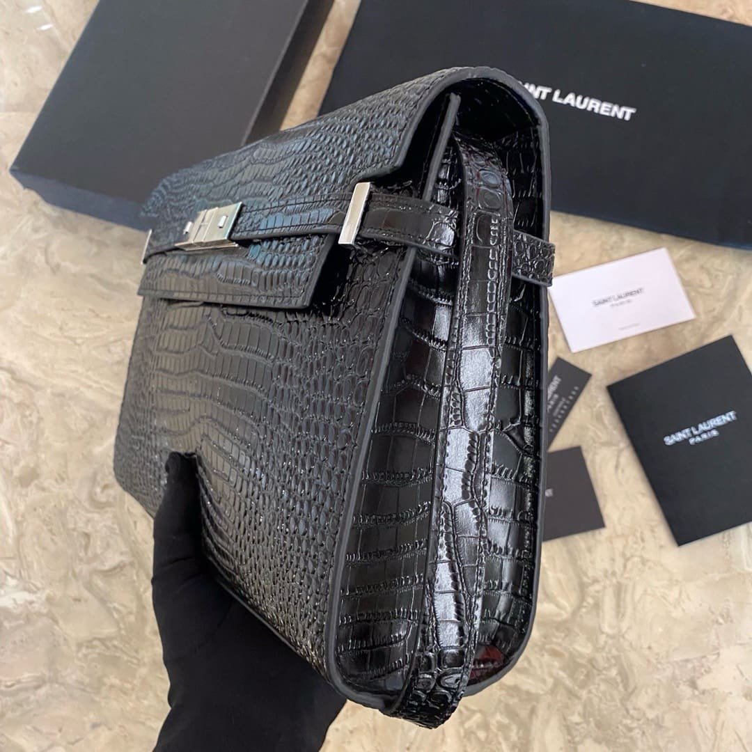 Sa1nt Lau*nt Black Manhattan croc-effect shoulder bag