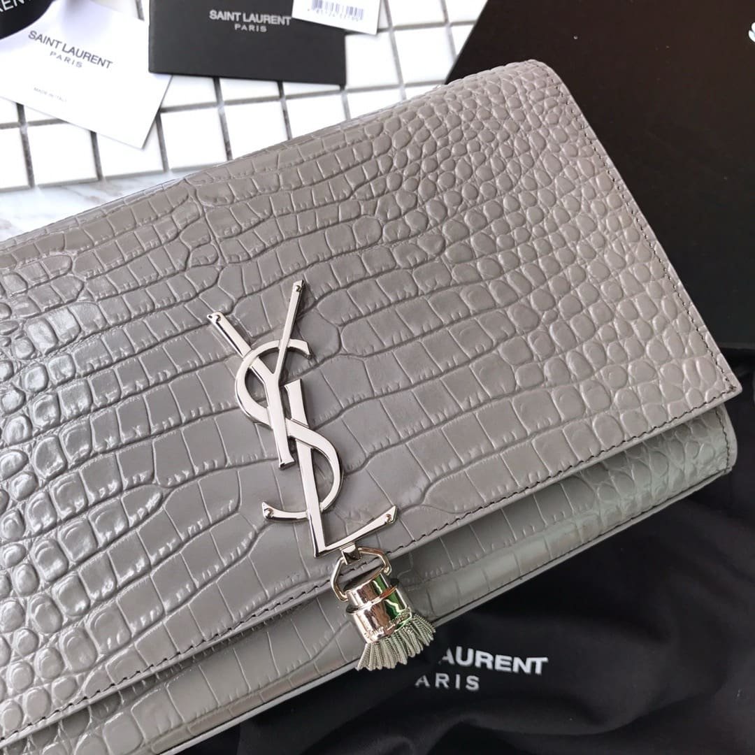 Sa1nt Lau*nt Grey Crocodile Embossed Kate Medium