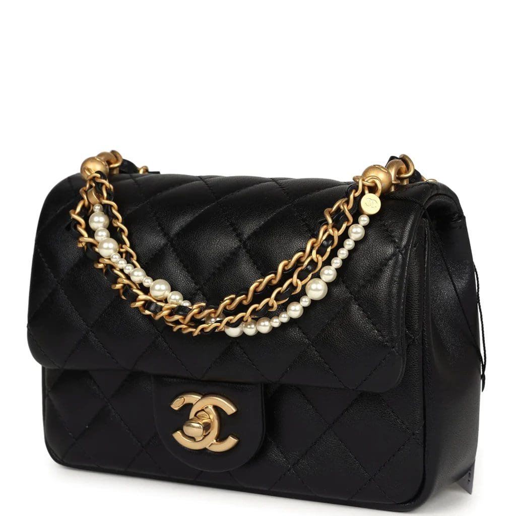 Ch**el Mini Square Pearl Crush Flap Bag Black Lambskin Brushed Gold Hardware