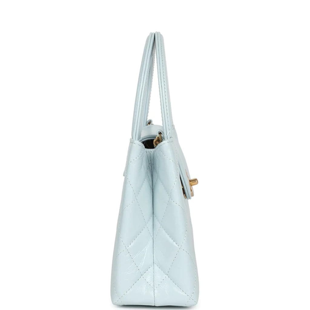 Ch**el Small Kelly Shopper Light Blue Shiny Aged Calfskin Brushed Gold Hardware