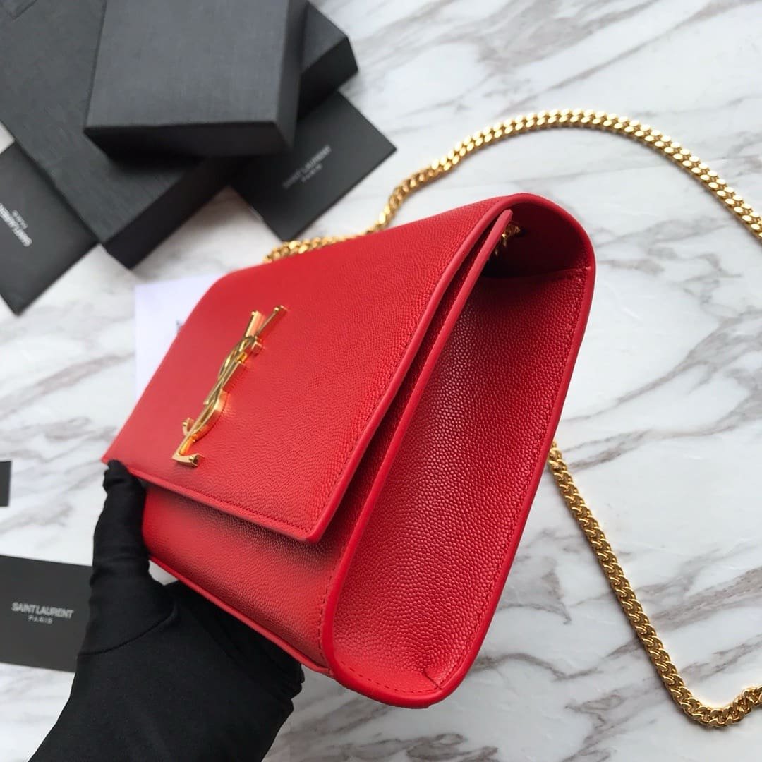 Sa1nt Lau*nt Red Grained Leather Monogram Medium Kate Flap Bag