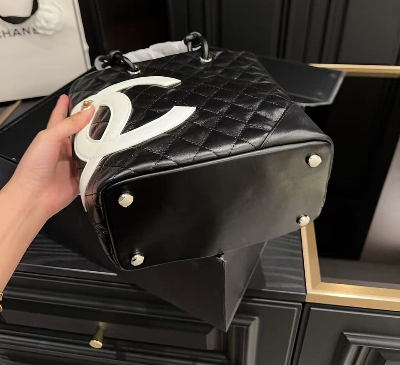 Ch**el Black Quilted Lambskin Leather Medium Cambon Tote