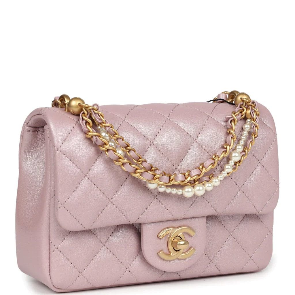 Ch**el Mini Square Pearl Flap Bag Light Pink Iridescent Lambskin Brushed Gold Hardware