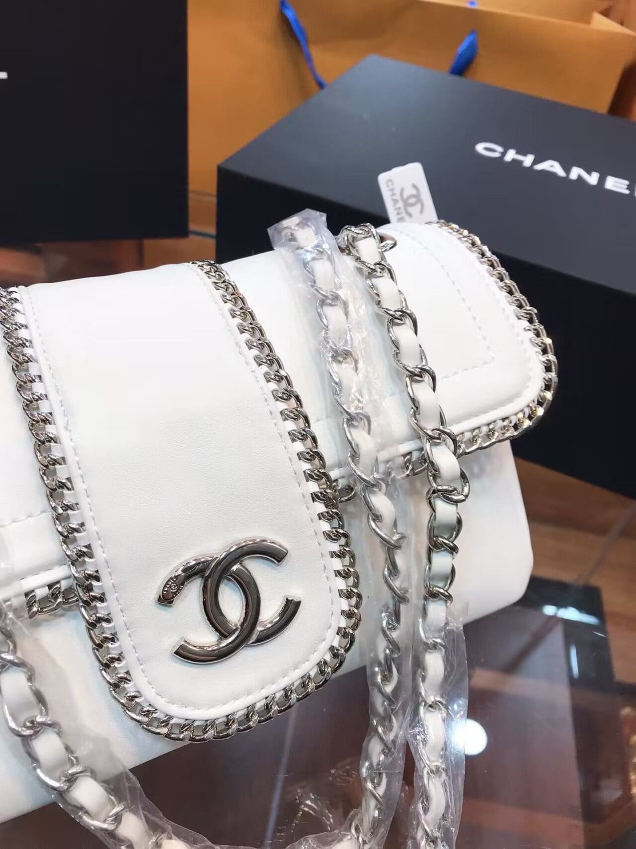 Ch**el Lambskin Mini Madison Flap White