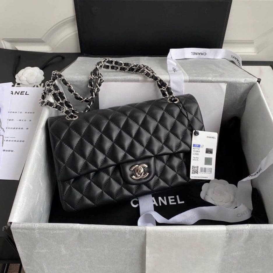 Ch**el CLASSIC HANDBAG Lambskin & Silver Metal