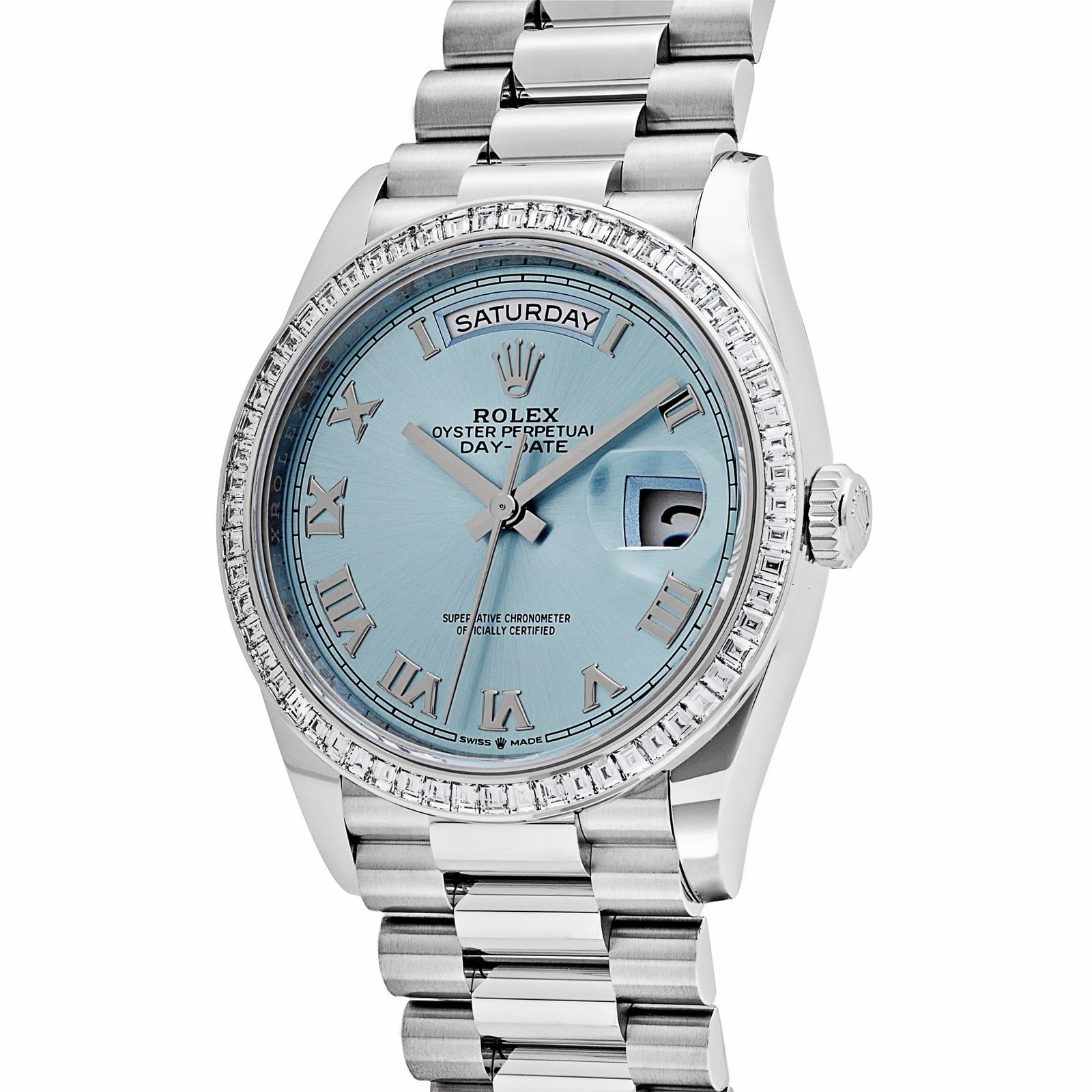 R01ex Day-Date 36 128396TBR Platinum Ice Blue Dial D1am0nd Bezel (2024)