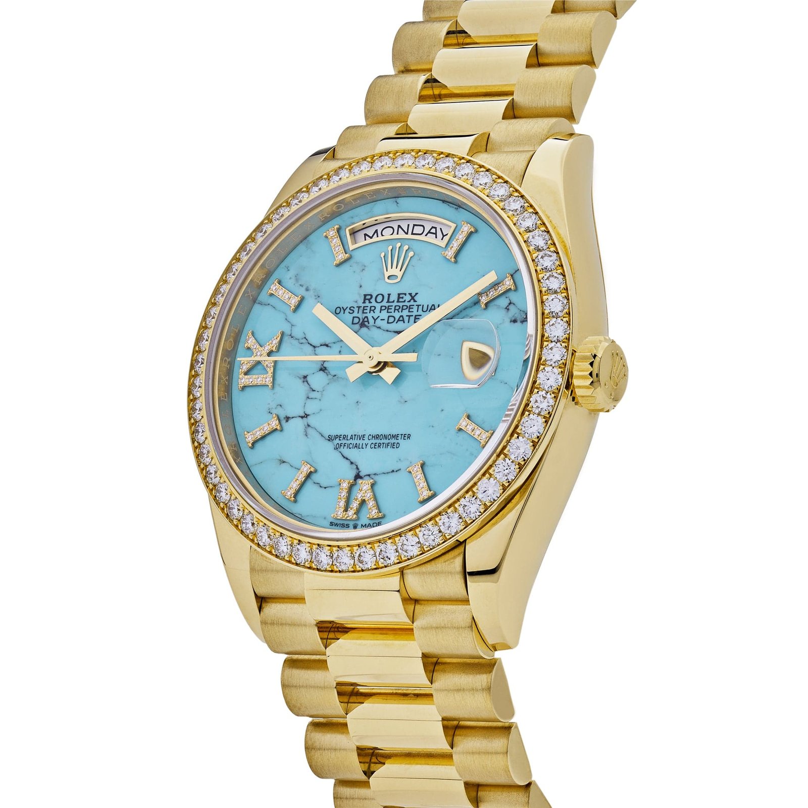 R01ex Day-Date 36 128348RBR Yellow Gold D1am0nd Bezel Turquoise D1am0nd Dial
