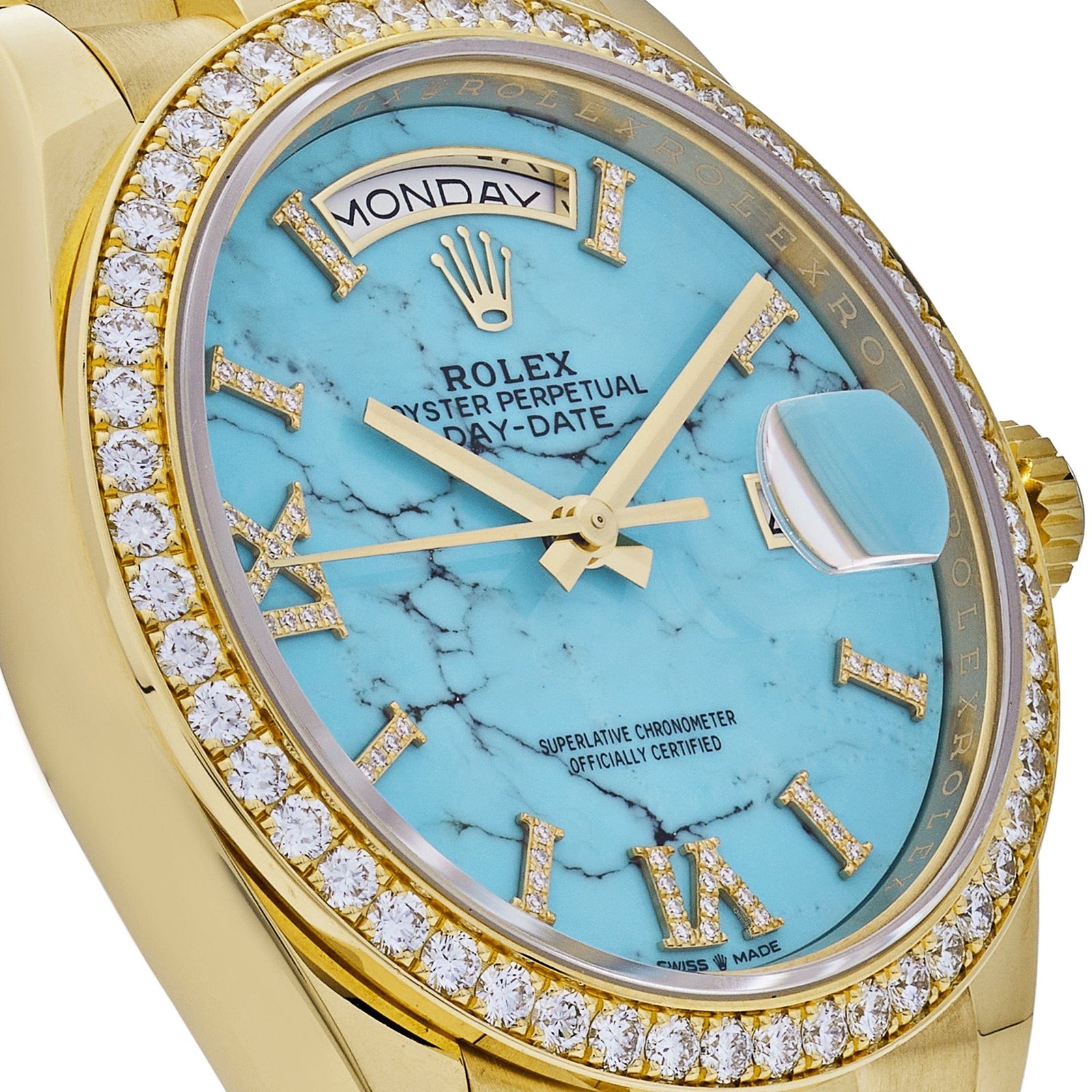 R01ex Day-Date 36 128348RBR Yellow Gold D1am0nd Bezel Turquoise D1am0nd Dial