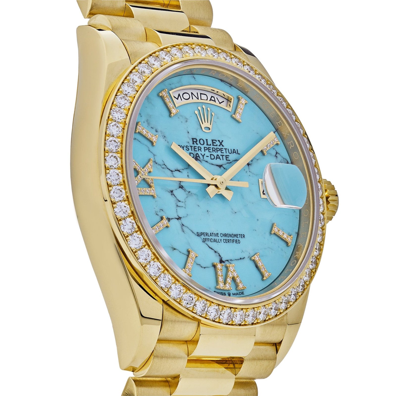 R01ex Day-Date 36 128348RBR Yellow Gold D1am0nd Bezel Turquoise D1am0nd Dial