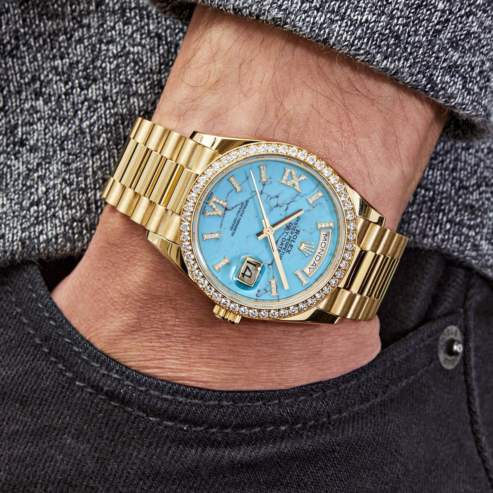 R01ex Day-Date 36 128348RBR Yellow Gold D1am0nd Bezel Turquoise D1am0nd Dial