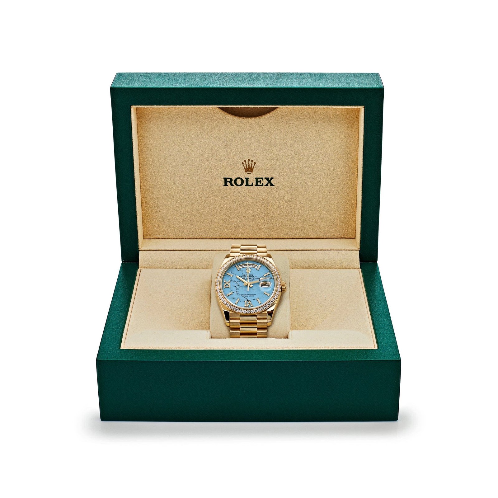 R01ex Day-Date 36 128348RBR Yellow Gold D1am0nd Bezel Turquoise D1am0nd Dial