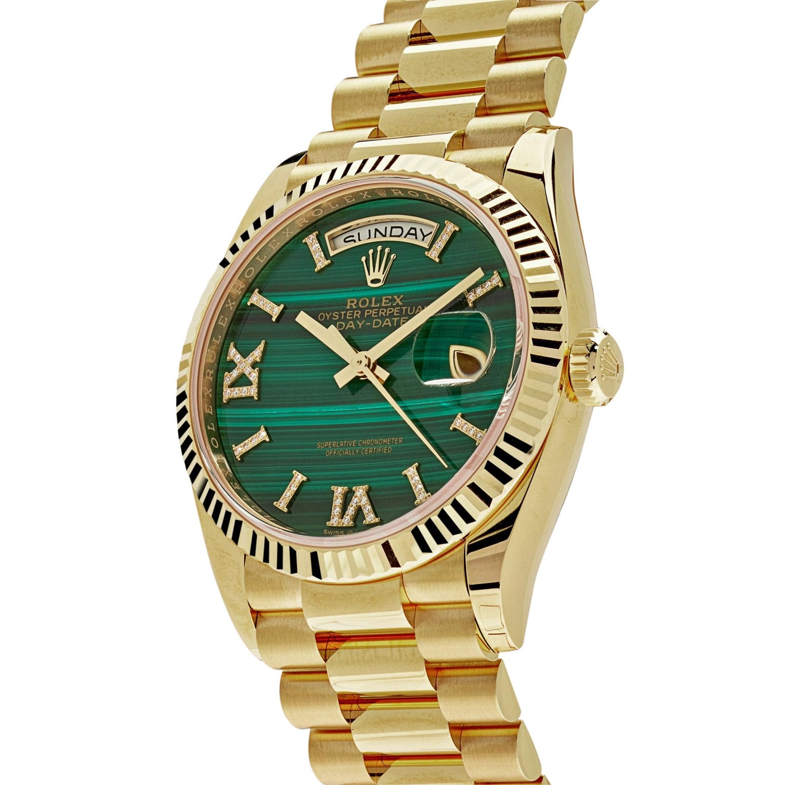 R01ex Day-Date 36 128238 Yellow Gold Green Malachite Roman D1am0nd Dial
