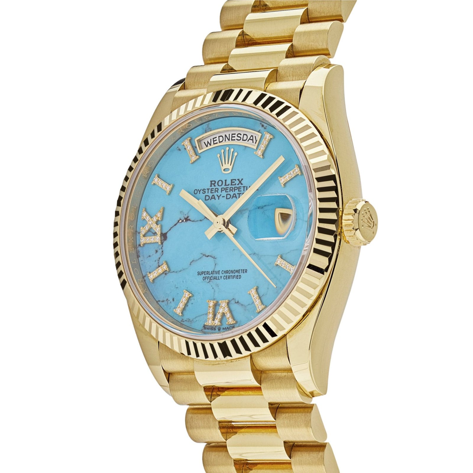 R01ex Day-Date 36 128238 Yellow Gold Turquoise D1am0nd Dial