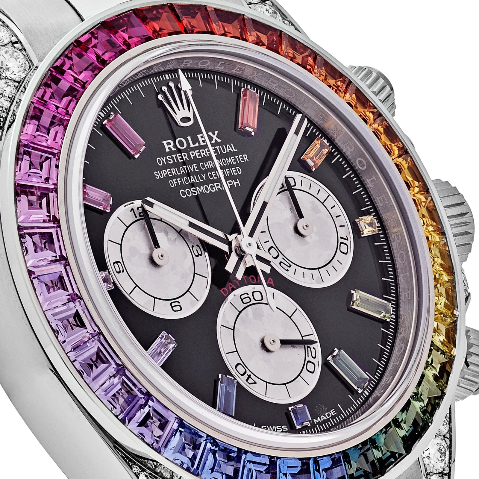 R01ex Daytona 116599RBOW ‘Rainbow’ White Gold Black Dial Sapphire Bezel