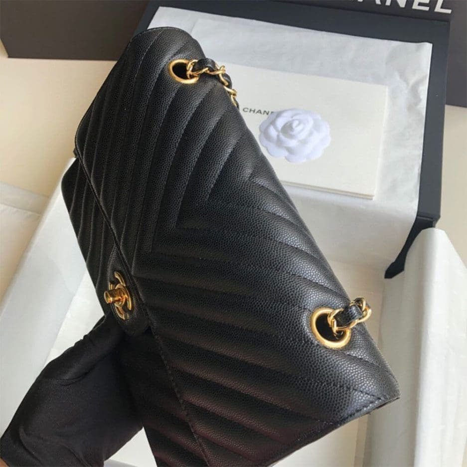 Ch**el Classic Chevron Tweed Medium Flap Glod